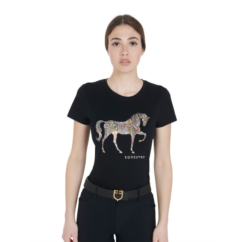 T-shirt donna slim fit con silhouette cavallo floreale